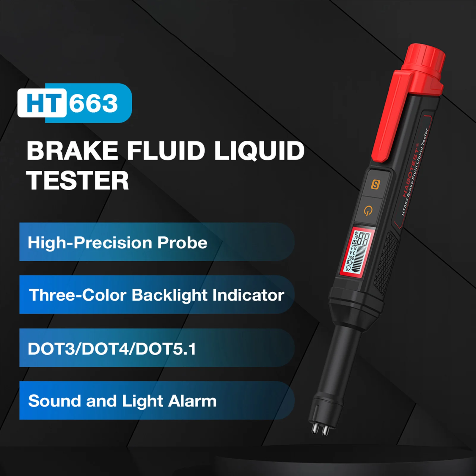 

HT663 Brake Fluid Liquid Tester Car Motorcycle Brake Oil Tester Vehicle Auto Automotive Testing Tool for DOT3/DOT4/DOT5.1
