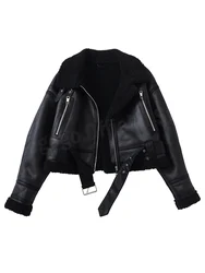 Ailegogo Women Vintage Autumn Winter Loose Warm Faux Lamb Fur Coat Streetwear Female Zipper Belt Spliced Coat Outwear