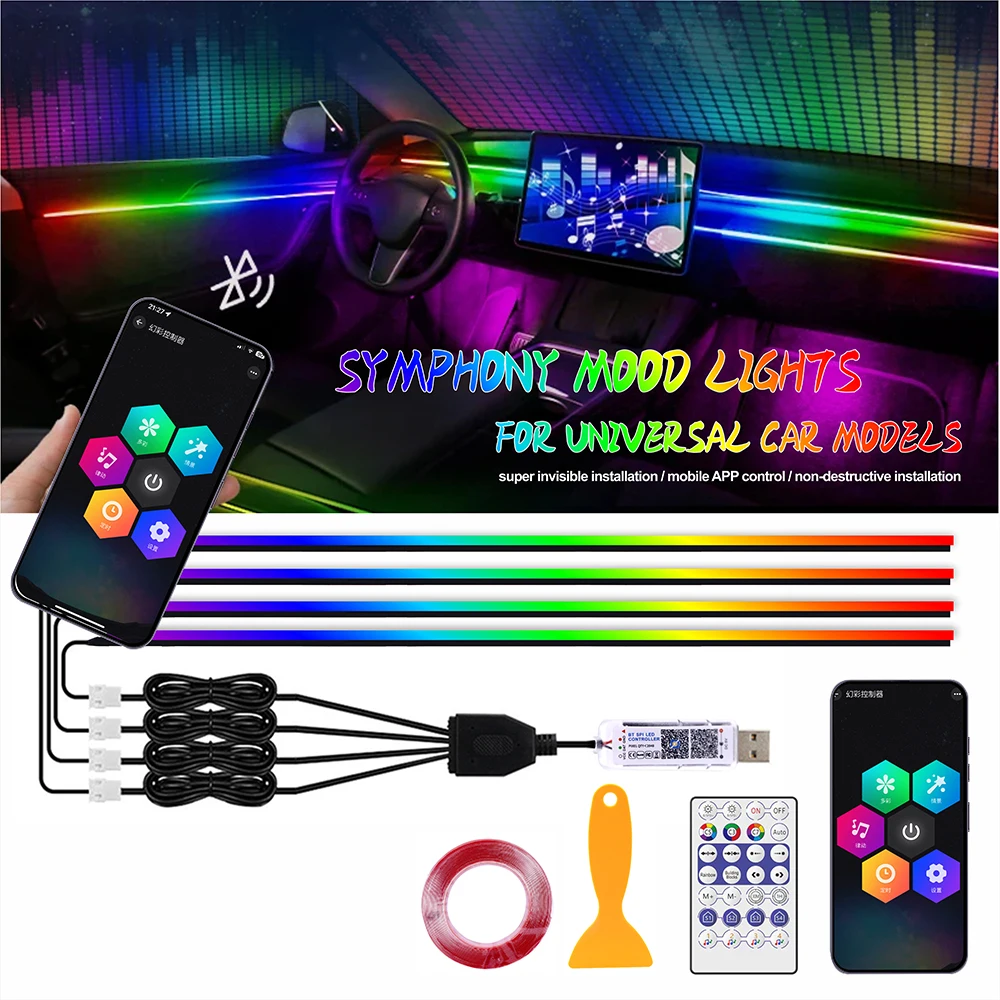

USB APP Control 5V 2812 Автомобильное окружающее освещение для модели Tesla для 110/140 см Автомобильная светодиодная акриловая световая полоса RGB Symphony Atmosphere LED