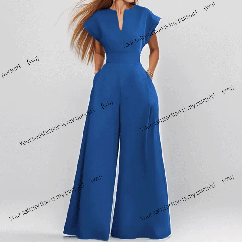 

ZOCI-Женский свободный модный элегантный однотонный широкий комбинезон с короткими рукавами и v-образным вырезом в европейском и американском стиле