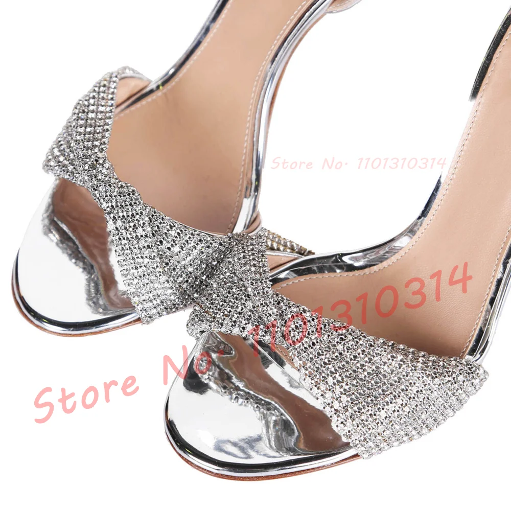 Mirrored Silver Rhinestones Sandals Women Luxury Ankle Strap Casual High Heels Shoes Female Summer Shiny Leather Evening Sandals