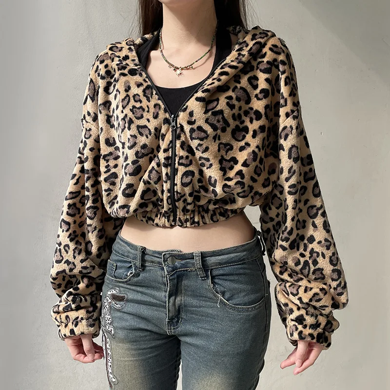 Y2k Ästhetische Leopard Print Crop Jacken Streetwear Casual Lose Vintage Zipper Tops Vintage Herbst Mit Kapuze Mäntel Frauen Harajuku