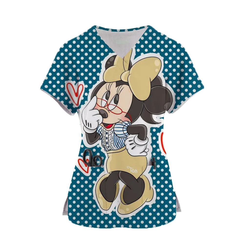 Hospital Working Uniforms Medcine Minnie Mickey Mouse Print Nursing v-neck Blouse Dental Clinic Uniform Medical Nurse Scrub Tops image 4
