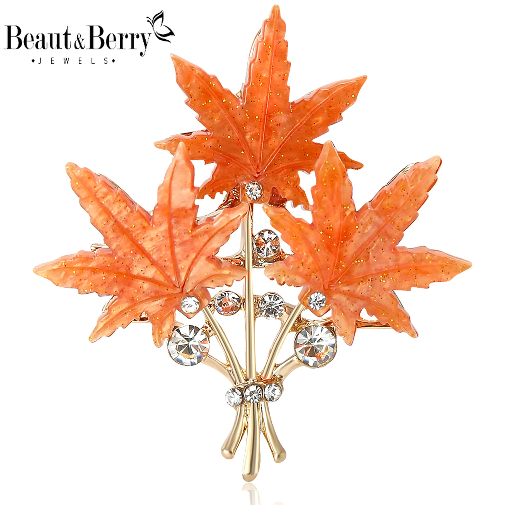 Beaut&Berry Luxury Rhinestone Double Maple Leaf Brooches for Women Unisex Plant Pins Casual Party Accessories New Gifts Friends