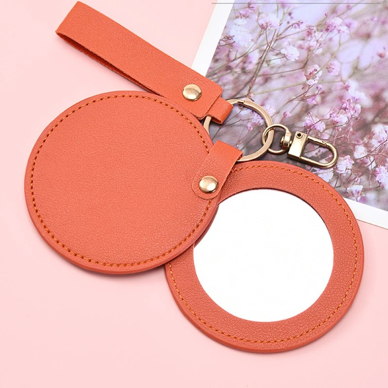

Makeup Mirror Customized LOGO Round PU Leather Keychain Laser Engrave Car Keyring Portable Rotating Travel Bag Pendant Key Chain