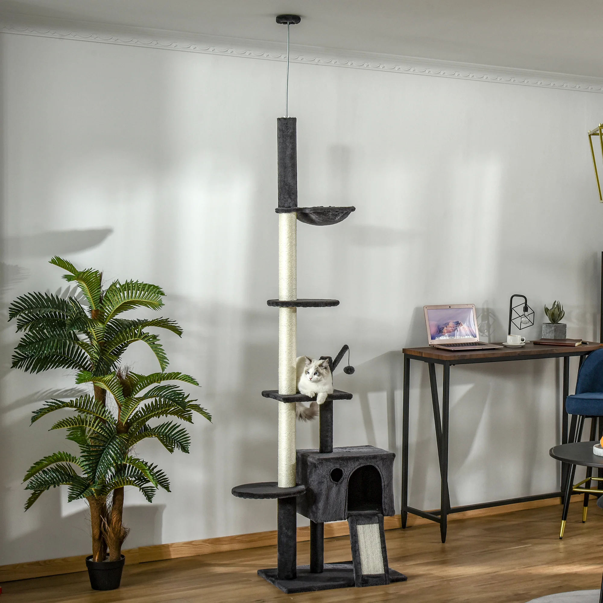 Huge Cat Tree Kitty Activity Center Floor-to-Ceiling Cat Climbing Toy with Scratching Post Board Hammock Hanging Ball Dark Grey