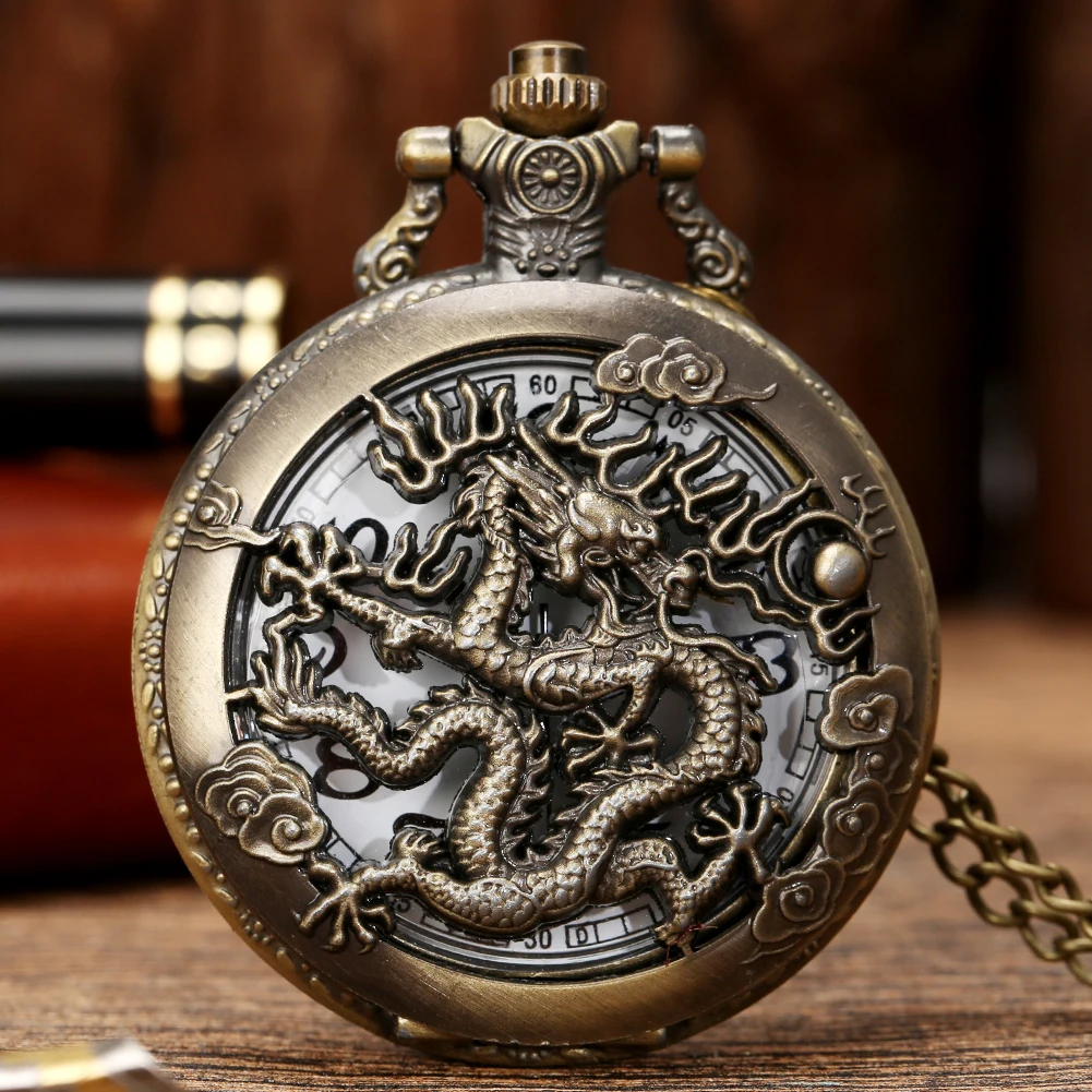 Bronze Drachen Halskette Taschenuhren Männer Frauen antiken Stil Anhänger Taschenuhr Quarz analoge Uhr arabische Ziffern Zifferblatt