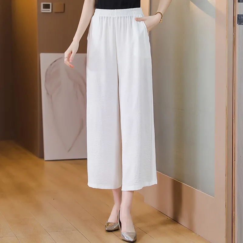 ホワイトコットンリネンワイドレッグパンツレディースルーズ薄手カジュアル九分丈パンツアウトレットブランド夏ストレートレッグlウエスト