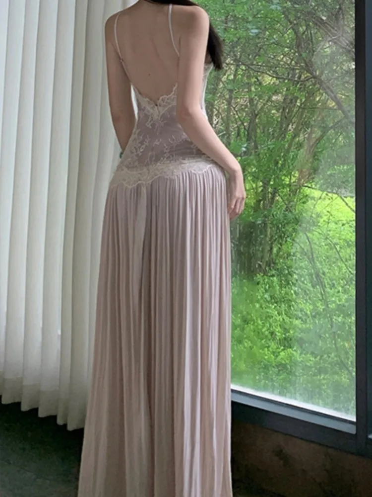 女性ヴィンテージレースホルターロングパーティードレスセクシーなスパゲッティストラップ背中の開いたイブニングウエディングエレガントなノースリーブスリム Vestidos Mujer 新しい