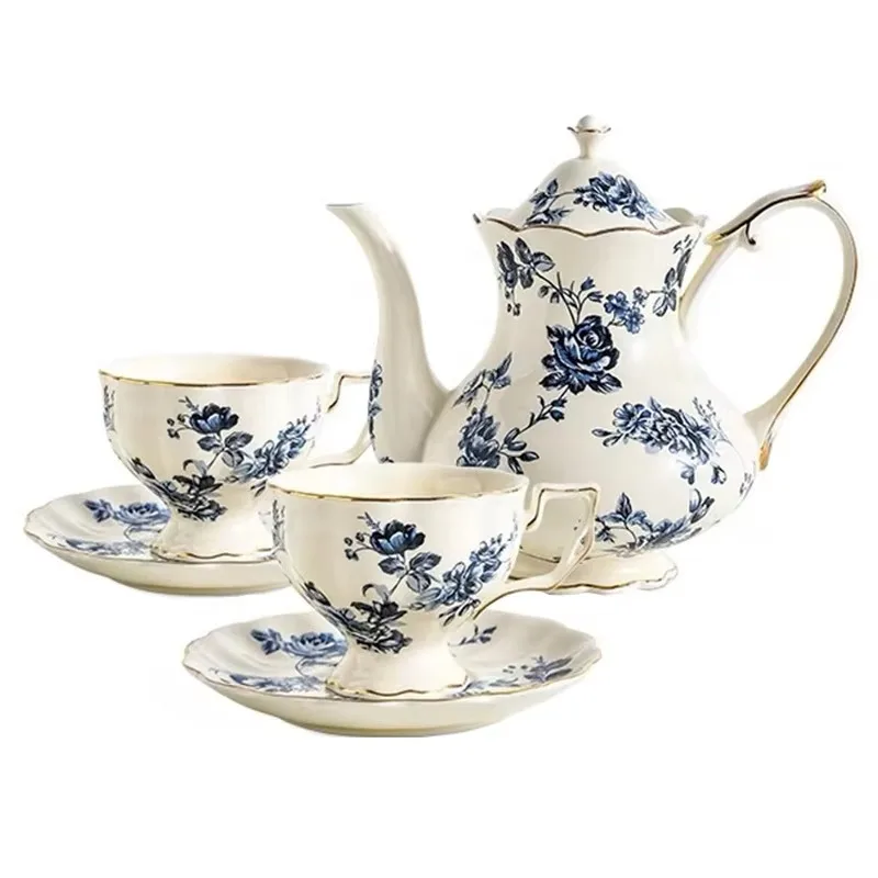 

2 coffee cups, tea saucer set, handmade porcelain, British blue flower teapot set, coffee cup, tea set, gift.