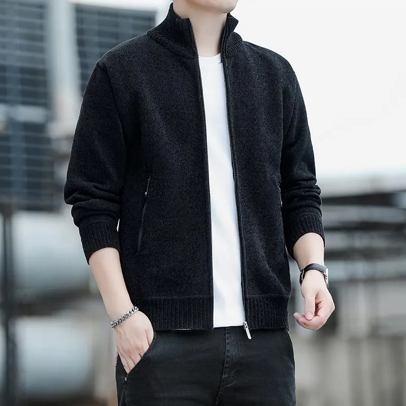Men's Sweater Cardigan New Knit Jacket Solid Color Stand Collar Zipper Pocket Thickened Warm Thermal  Jumper Jackets Coat