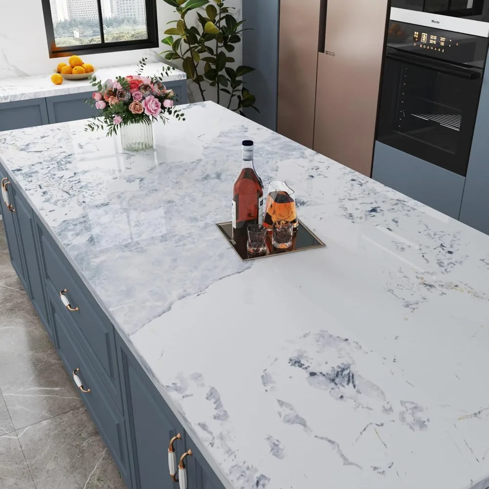 ورق اتصال قابل للتقشير واللصق بنمط الرخام الأبيض والأزرق المقاوم للماء لأسطح المطبخ، مقاس 30 × 200 بوصة، سهل التركيب، Dur