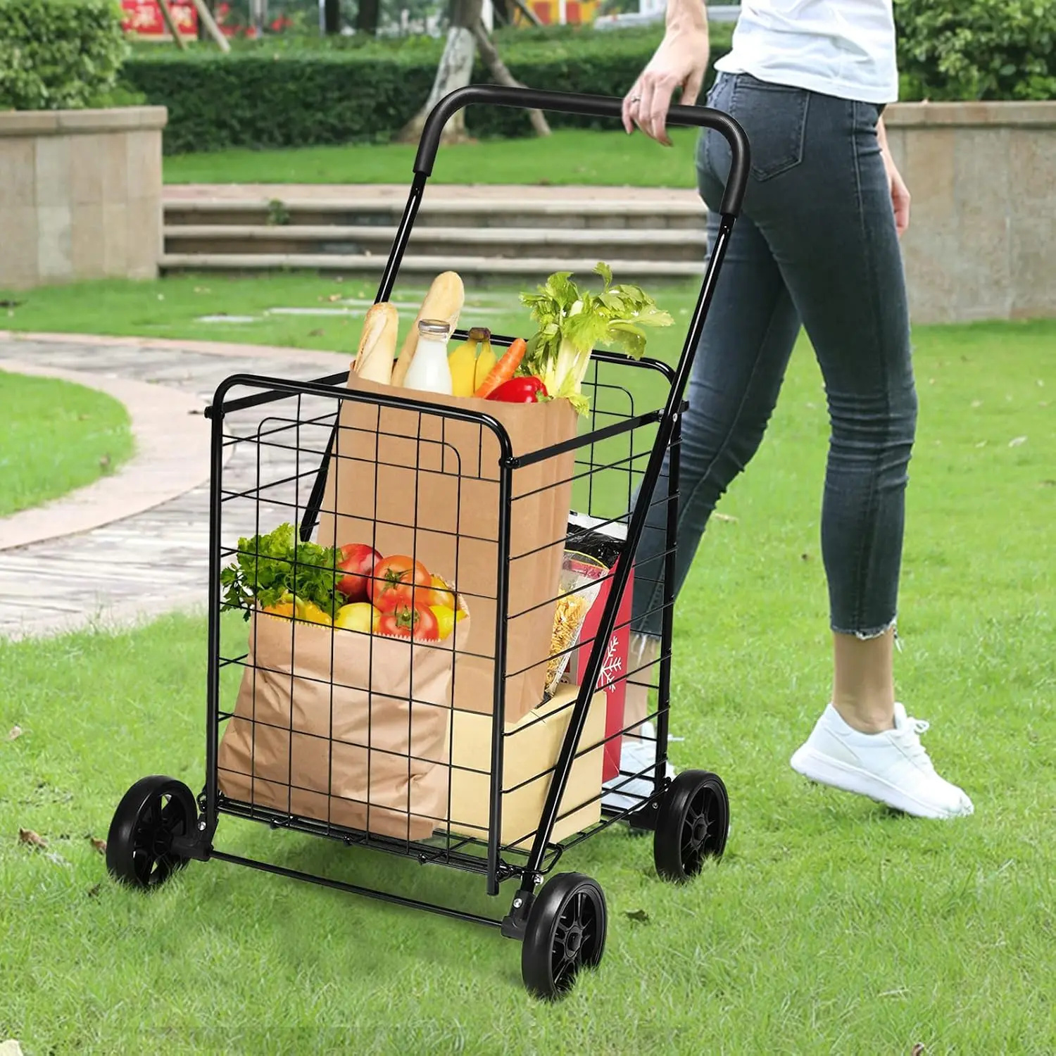 Shopping Carts for Groceries, Heavy Duty Folding Shopping Cart with Wheels, Portable Collapsible Grocery Cart, Light Weight Fold