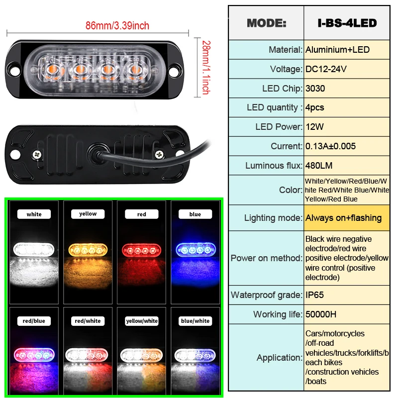 12V - 24V 4LED Car Warning Light Grill Breakdown Light Car Truck Trailer Beacon Lamp Side Light For Cars  Malfunction Light