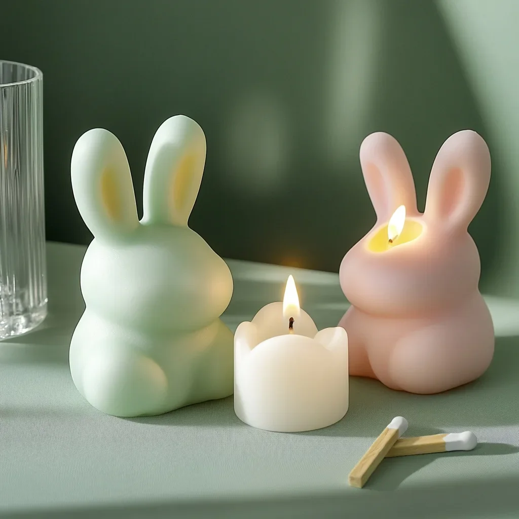 Moule 3D en Silicone pour Bougie de Lapin Mignon, Oreilles Verticales, Fleur, Lapins, Résine, Rayé, Lapin de Pâques, Béton, Plâtre