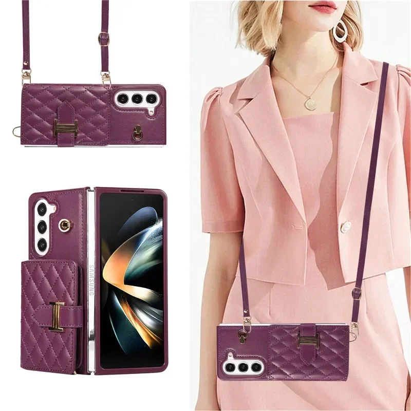 Luxury Wrist Rope Leather Wallet Card Phone Case for Samsung Galaxy Z Fold 6 5 4 3 Fold6 Crossbody Lanyard Cover Coque