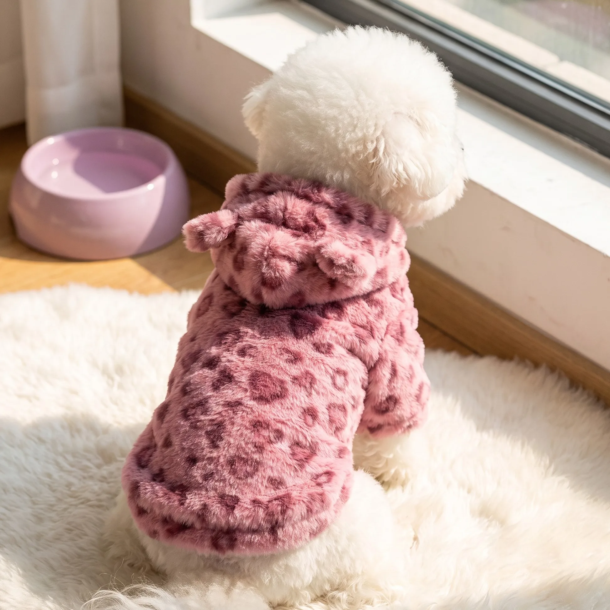 Hundejacke, Retro-Leopardenmuster, Kunstfell-Teddybär-Ohren, Kapuzenjacke mit Reißverschluss, dicke, flauschige, warme Haustierjacke – Detail 10