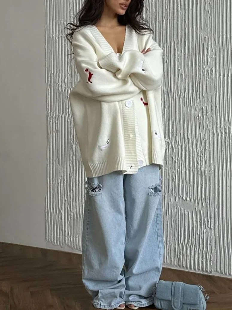 2025 Nieuwe Bestseller Modieuze Vrouwen Casual Worst Hond Geborduurde Trui Vest Herfst Veelzijdige Lange Mouwen V-hals Top