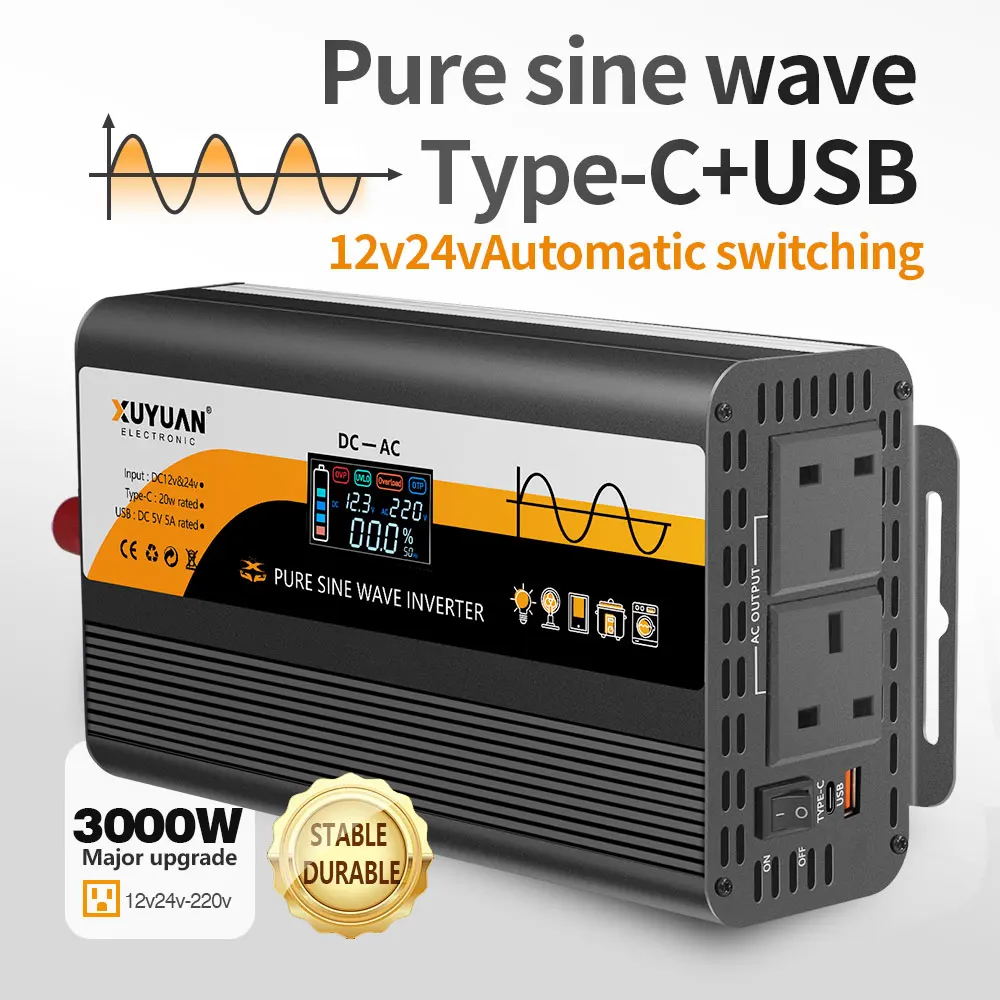 3kW XUYUAN العاكس 12V24V إلى 220 فولت محول موجة جيبية نقية يخت/سيارة السفر عاكس الطاقة 50 هرتز 2KW/1400 واط/800 واط المعيار البريطاني