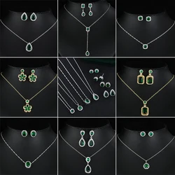 LXOEN 2023 Vintage Green Drop Water Silver Color Bride Dubai Jewelry Set Earings Necklace for Women Wedding Christmas Party Gift