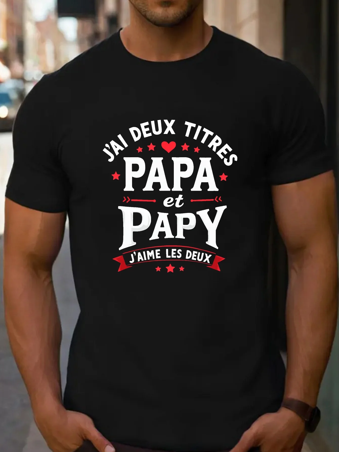 White & Red Casual Summer Short Sleeves with Papa et Papyp Slogan Micro-elastic Crew Neck Fits Dad French Phrase