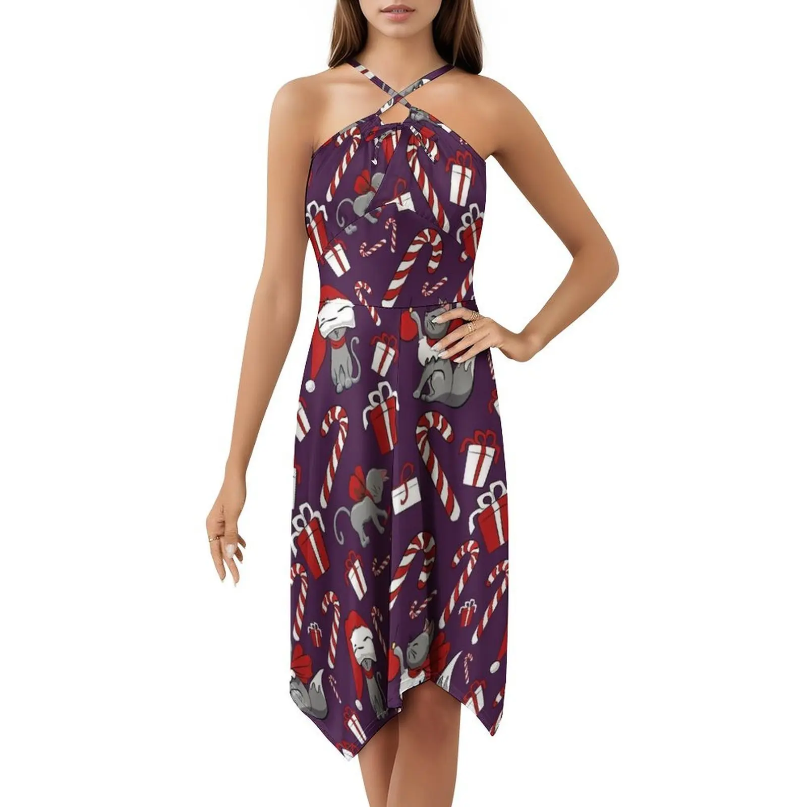 نمط قطة عيد الميلاد ° فستان نسائي أرجواني أنيق للحفلات على شكل حرف A مع خيارات قصيرة/طويلة/بدون أكمام للقطط والقطط وعيد الميلاد #5