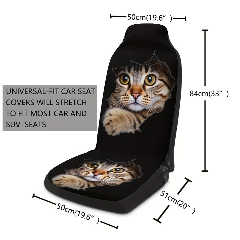 Pack of 2 Cat Fun Visual Black Background Print Car Universal Single Seat Cover Suitable for Most Models, Christmas Gifts