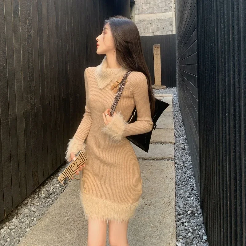 

Sexy New Women Knitted Dress Female High Sense Small Fragrant Wind Temperament Sheath Woolen Skirt Korean Style Slim Pullover