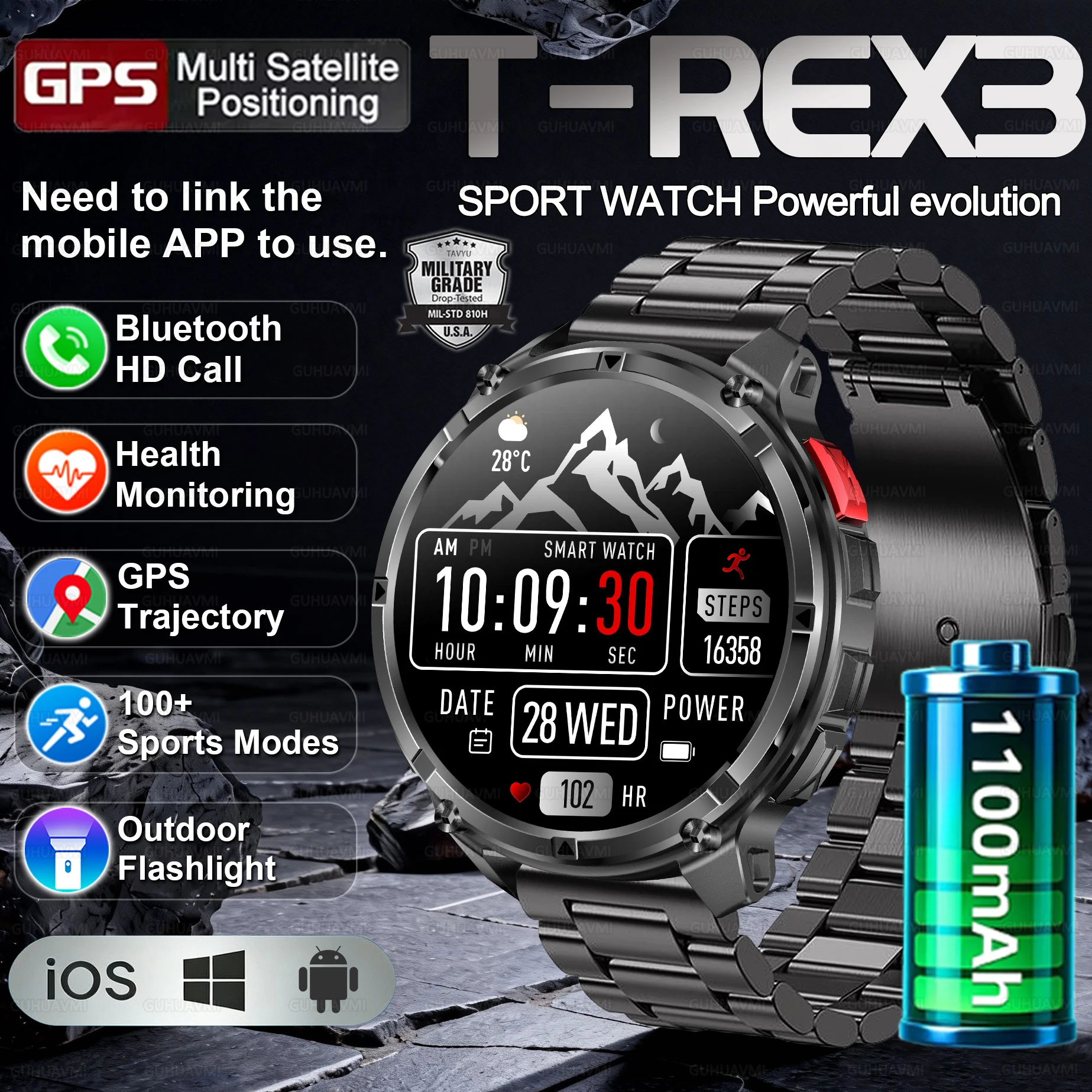 Neue 1100mAh Batterie, extrem langlebige Herren-Smartwatch mit Taschenlampe, Herzfrequenzmessung, 1,7" AMOLED HD-Display, Anruffunktion, 10ATM wasserdicht, Sport-Smartwatch