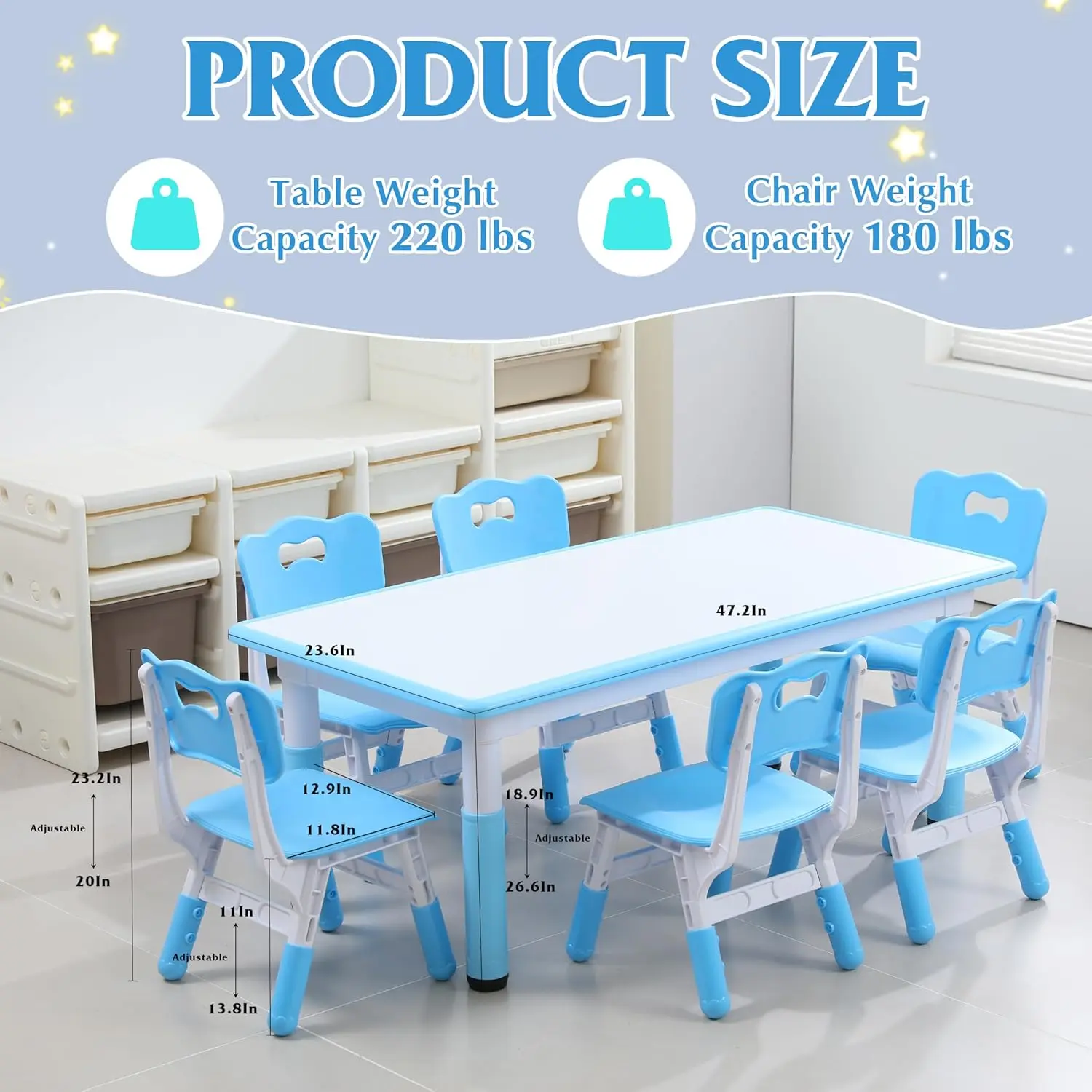 and 6 Chairs Set with Graffiti Desktop, Toddler Furniture Set, Non-Slip, Table Children Study Desk, Dining Table, Height Adjusta