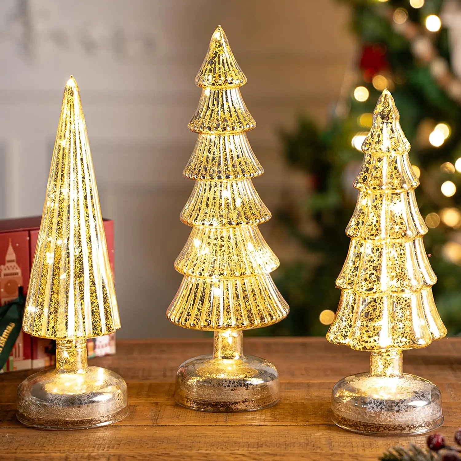 

3 Pcs Mercury Glass Christmas Tree with LED Lights, 12 in Silver Gold Tabletop Ornaments for Mantel Centerpieces