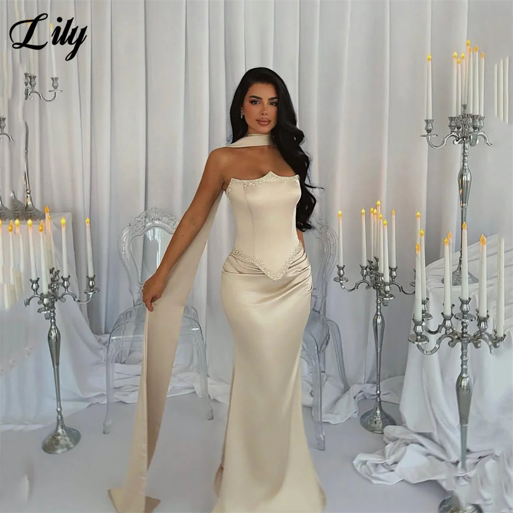 

Lily Champagne Party Dresses Strapless Evening Dresses Sleeveless Gala Dress with Scarf فساتين السهرة Customized