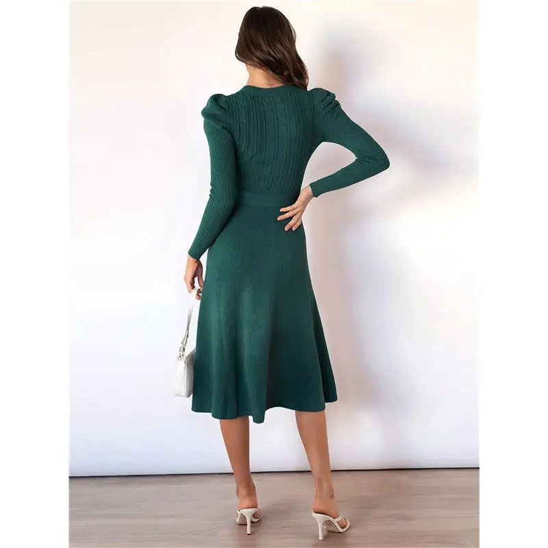 TEXU Vestido tipo suéter de otoño de punto acanalado, informal, ajustado, de manga larga, con cuello redondo y lazo en la cintura