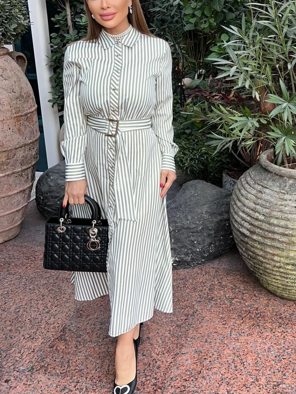 Casual Chic Women Dress Striped Belt Button Long Sleeve Slim Long Straight Vestidos New Fashion 2025 Spring Summer Dress