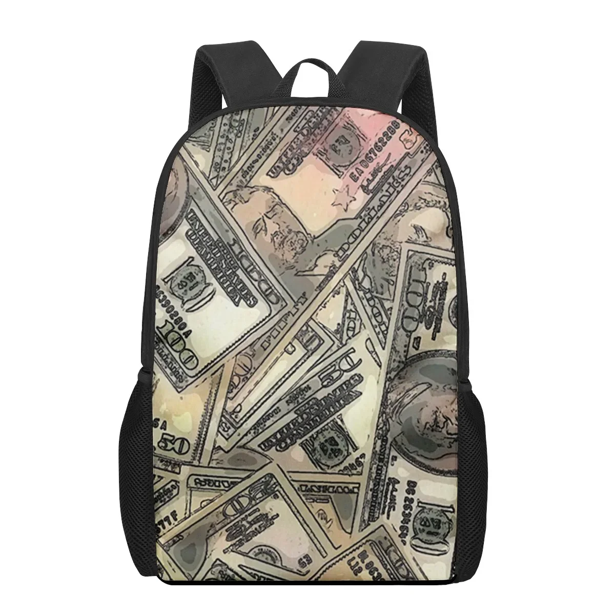 Engraçado dólar americano dinheiro saco de escola dólar dos eua impressão mochila caminhadas daypack para mulheres homens 16 polegadas com bolso de malha