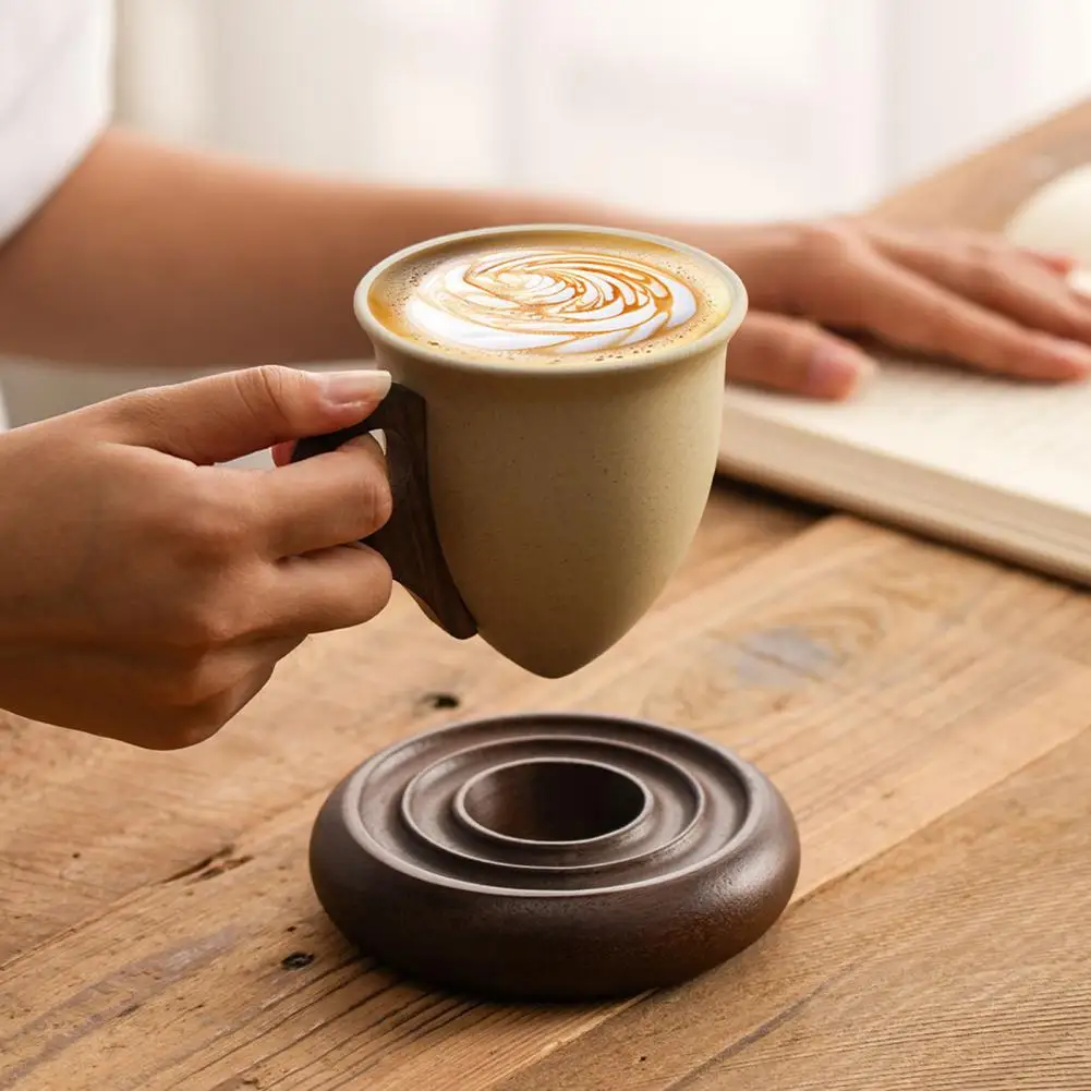 Wooden Handle Coffee Mug Coffee Cup Vintage Cone-shaped Ceramic Coffee Mug Wooden Base Stackable Tapered Cone Shaped Mugs