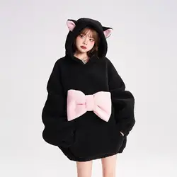 Kawaii Clothes Korean Style Hooded Sweatshirt Women Autumn and Winter New Loose and Cute Oversized Bow Y2k Top Black Hoodie