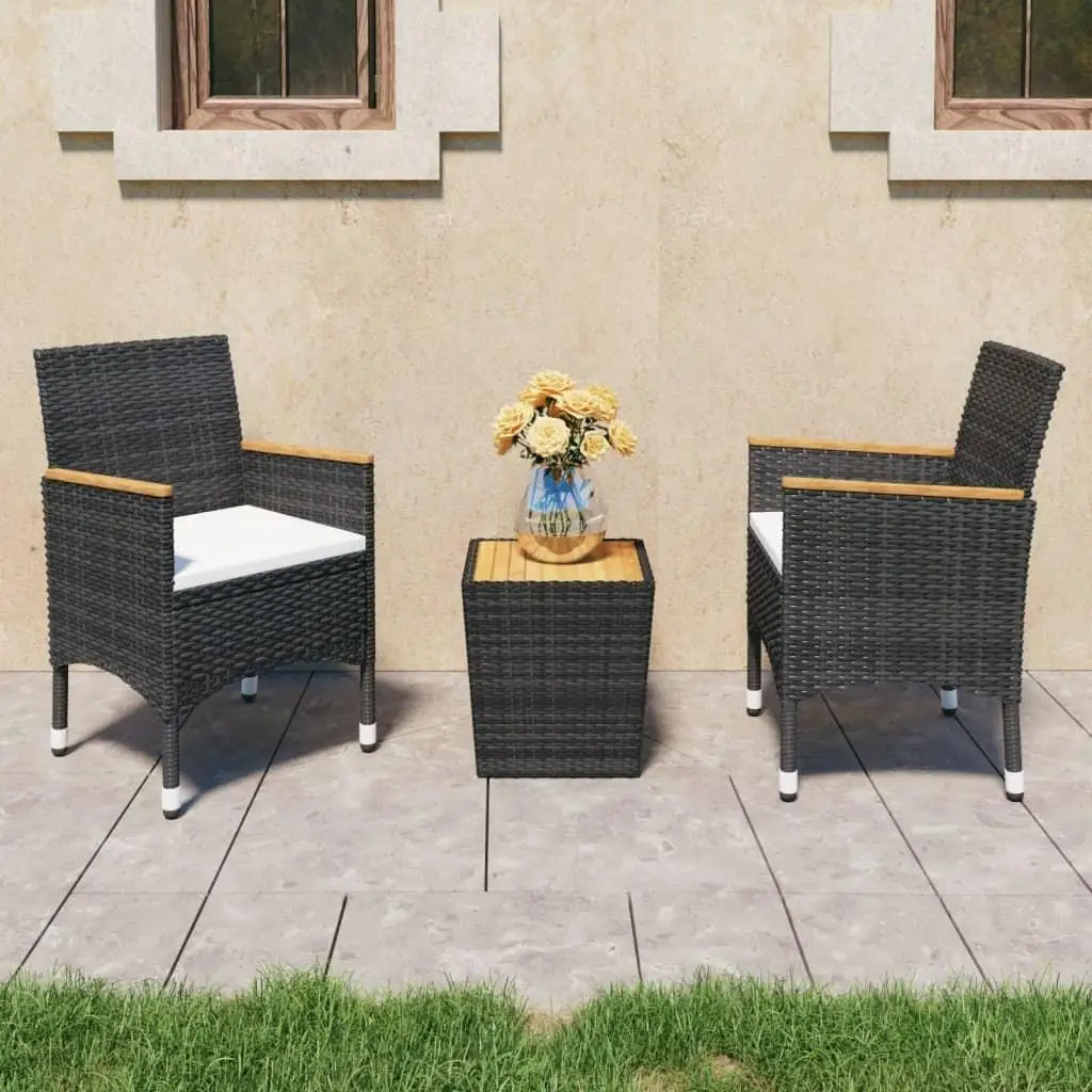 

3-Piece Outdoor Bistro Set - Black Poly Rattan & Acacia Wood Furniture