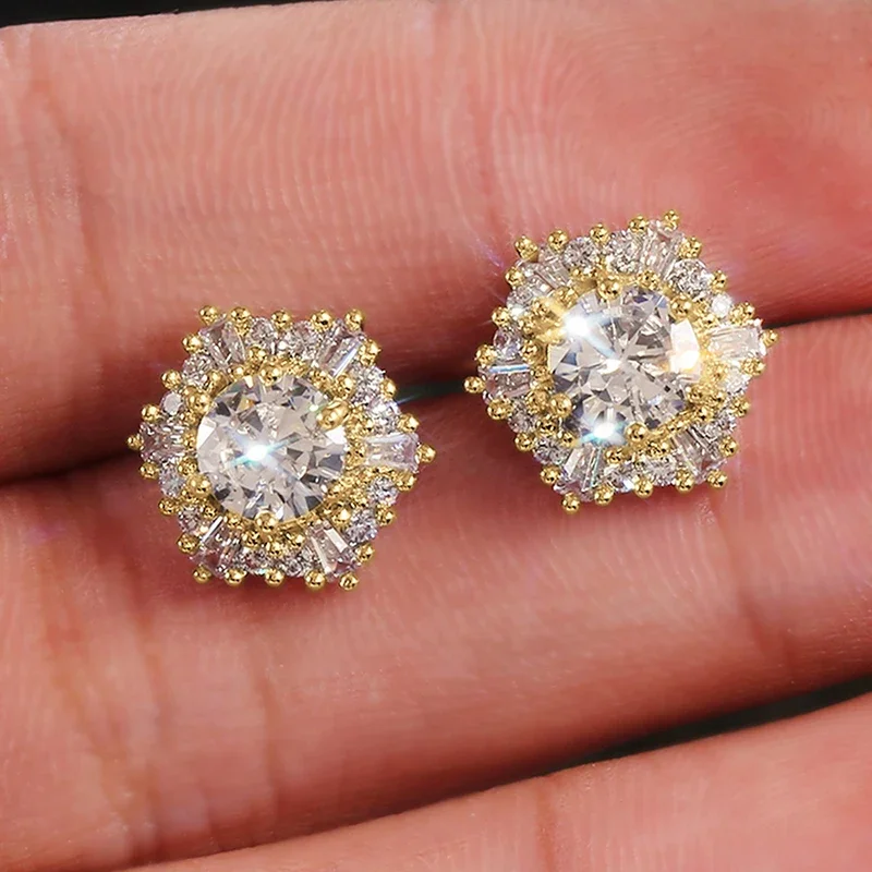 Huitan Sparking Luxury Cubic Zirconia Stud Earrings Female Hexagonal Shaped Brilliant Ear Accessories Exquisite Wedding Jewelry