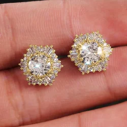 Huitan Sparking Luxury Cubic Zirconia Stud Earrings Female Hexagonal Shaped Brilliant Ear Accessories Exquisite Wedding Jewelry