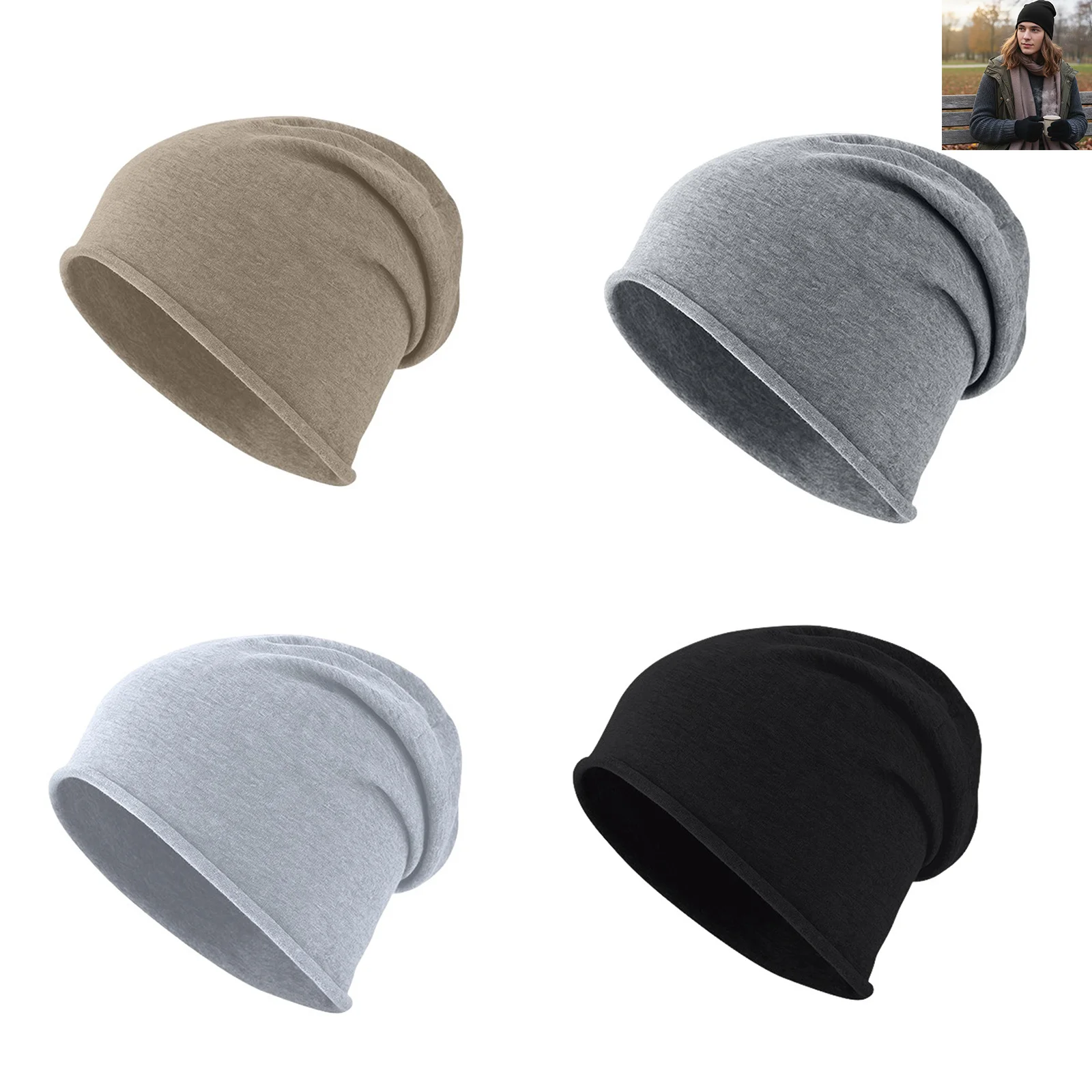 Unisex Beanie Autumn Winter Casual Hat Breathable Combed Cotton Soft Warm Cap Windproof Roll Brim Outdoor Cycling Hiking Wear