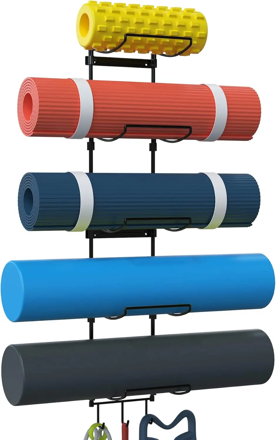 

Wall-Mounted Yoga Mat Holder with 5 Sections and 3 Hooks for Home Gym Storage and Decor