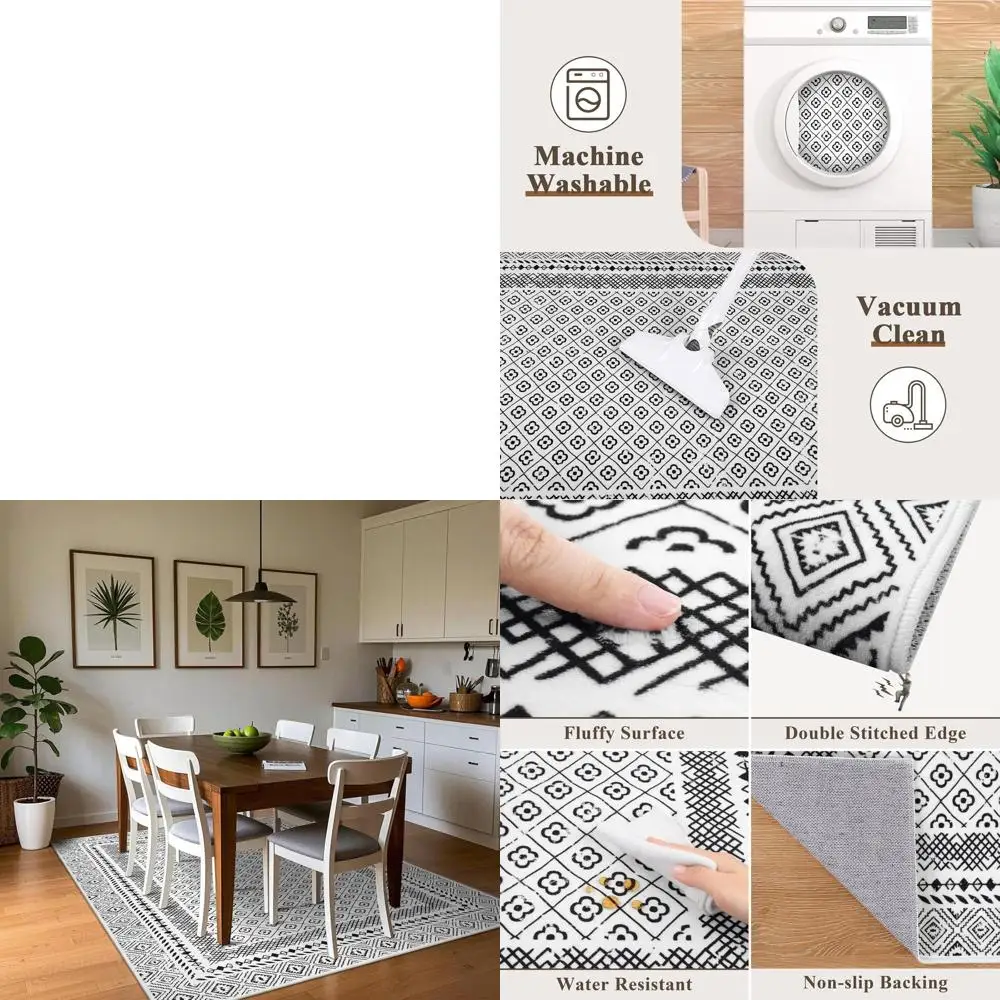 

Black & White Moroccan-Style Low Pile Rug, Soft, Non-Slip, Washable for Living Room, 6x9 ft