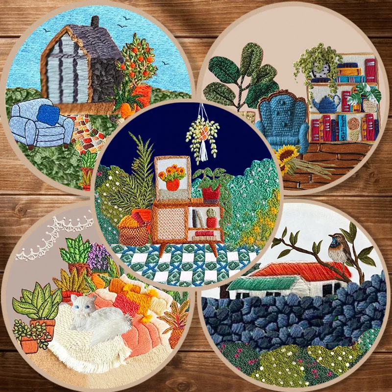 15cm cartoon landscape embroidery kit DIY hand sewing embroider craft Ribbon kit embroidery needlework