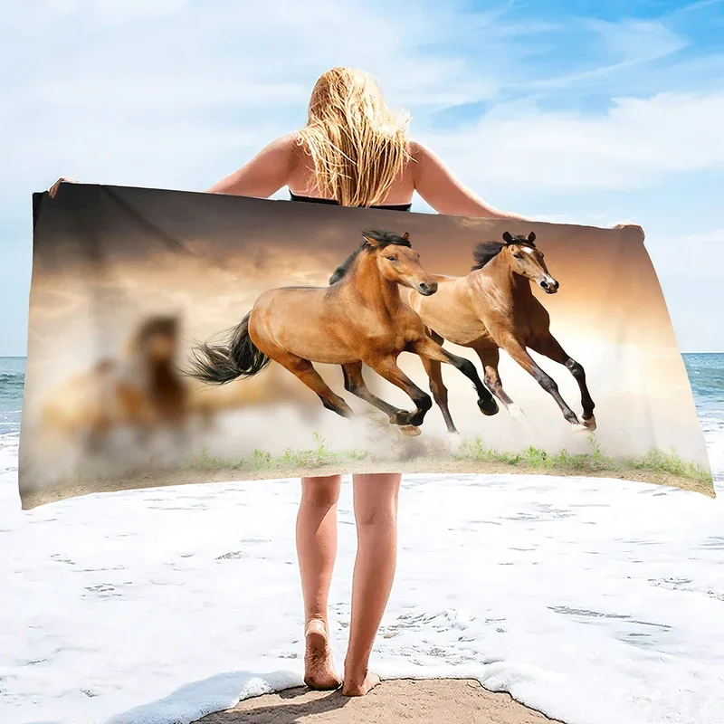 Galloping Horse Beach Towel Wild Farm Animal Bath Towels Quick Dry Beach Blanket Soft Sandless Towels for Travel Sports Swim Spa