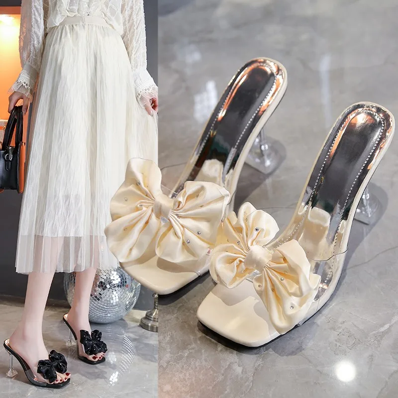 2024 Fairy Style Sandals Women's Summer Wear Sweet Bow Half Slippers High Heel Stiletto Heel Slippers