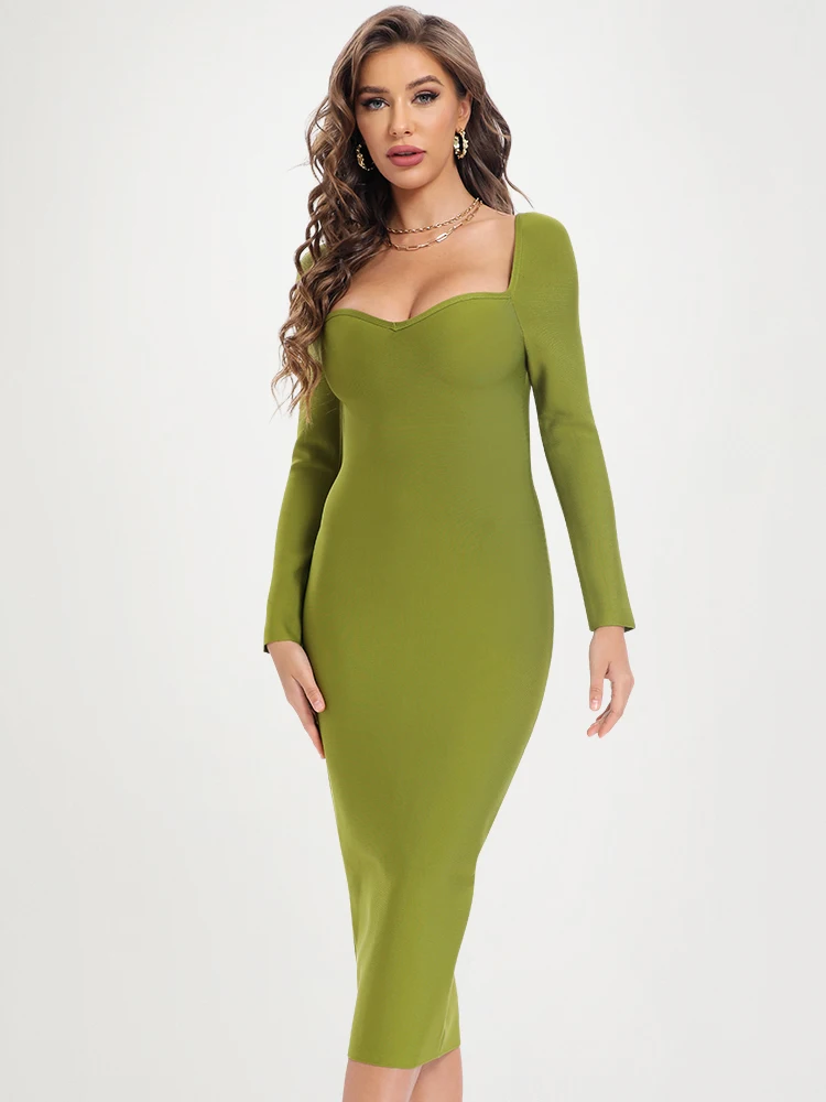 Nuevo Vestido Sexy de manga larga de longitud media verde militar para mujer, Vestido ajustado con espalda descubierta y cuello en V para fiesta y noche, Vestido XL