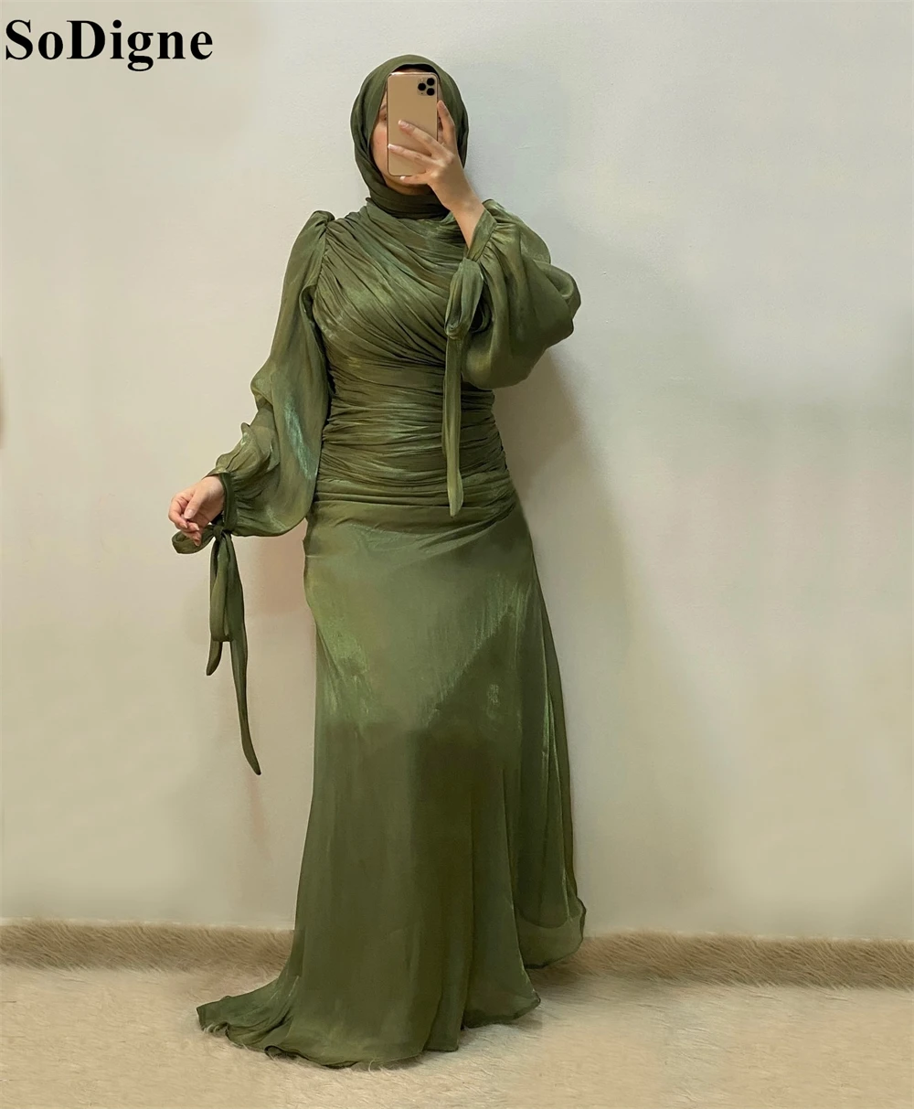 SoDigne Modest Olive Green Evening Dresses Mermaid High Neck Draped Long Sleeves Party Dress 2025 Muslim Prom Gowns Customized