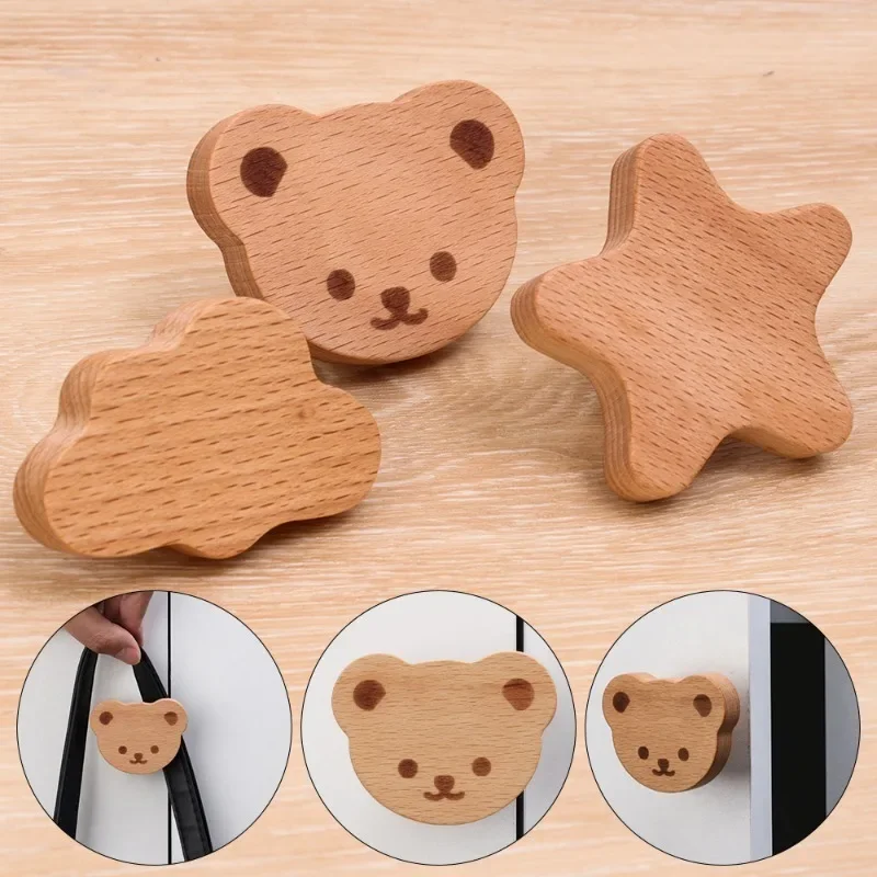 1/5Sets Wooden Door Handle with Screws Children\'s Room Cartoon Wood Furniture Handles Kitchen Cupboard Wardrobe Drawers Knobs