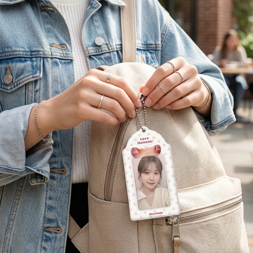 PVC Photocard Holder Animal Ear Print Polka Dot Design Card Protector with Chain 3-inch Kpop Card Sleeve